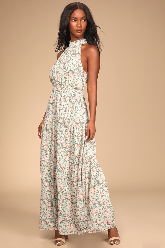 Sage Floral Print Dress - Tiered Maxi ...